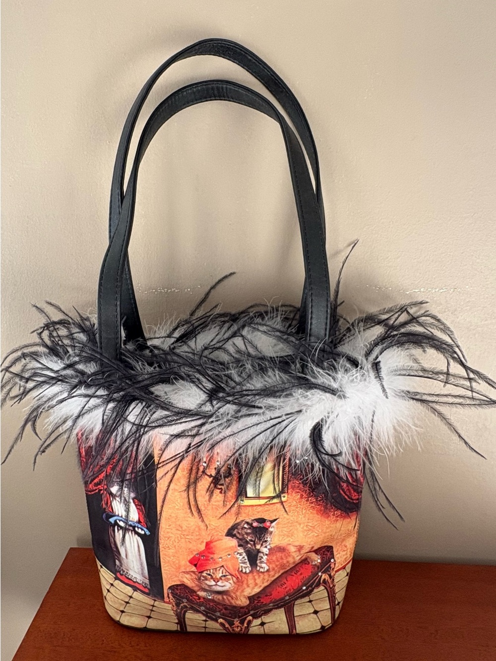 Black Ostrich Feather-Trim Cat Print Tote Bag Black Shoulder Straps